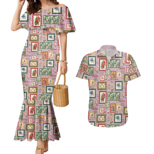 Aussie Birds Christmas La La Land Couples Matching Mermaid Dress and Hawaiian Shirt Pink Vintage Stamp Edition - Aussie Hoodie