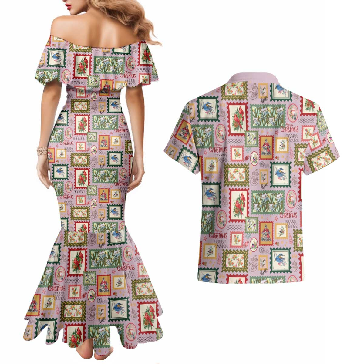 Aussie Birds Christmas La La Land Couples Matching Mermaid Dress and Hawaiian Shirt Pink Vintage Stamp Edition - Aussie Hoodie
