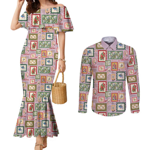 Aussie Birds Christmas La La Land Couples Matching Mermaid Dress and Long Sleeve Button Shirt Pink Vintage Stamp Edition - Aussie Hoodie