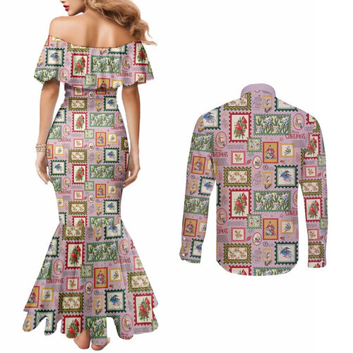 Aussie Birds Christmas La La Land Couples Matching Mermaid Dress and Long Sleeve Button Shirt Pink Vintage Stamp Edition - Aussie Hoodie