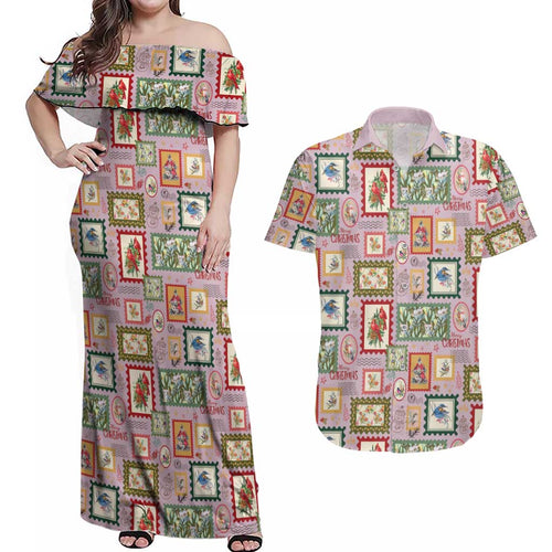 Aussie Birds Christmas La La Land Couples Matching Off Shoulder Maxi Dress and Hawaiian Shirt Pink Vintage Stamp Edition - Aussie Hoodie