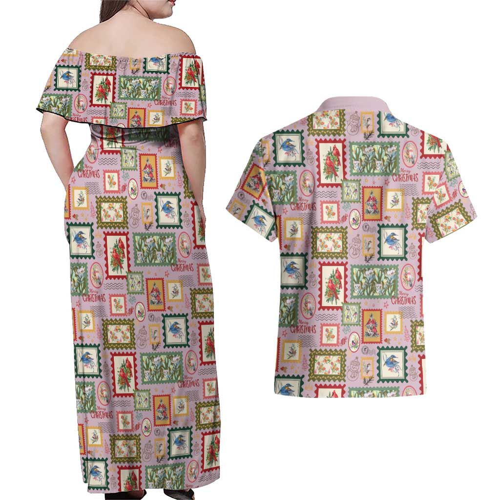 Aussie Birds Christmas La La Land Couples Matching Off Shoulder Maxi Dress and Hawaiian Shirt Pink Vintage Stamp Edition - Aussie Hoodie