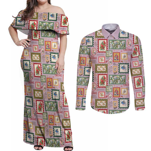 Aussie Birds Christmas La La Land Couples Matching Off Shoulder Maxi Dress and Long Sleeve Button Shirt Pink Vintage Stamp Edition - Aussie Hoodie
