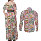 Aussie Birds Christmas La La Land Couples Matching Off Shoulder Maxi Dress and Long Sleeve Button Shirt Pink Vintage Stamp Edition - Aussie Hoodie