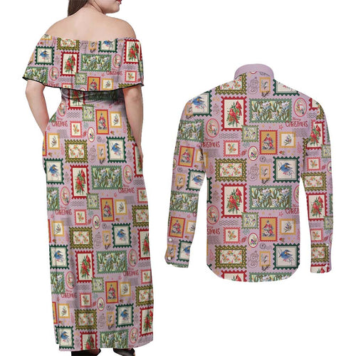 Aussie Birds Christmas La La Land Couples Matching Off Shoulder Maxi Dress and Long Sleeve Button Shirt Pink Vintage Stamp Edition - Aussie Hoodie