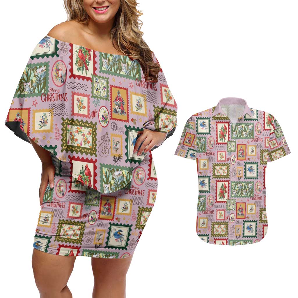 Aussie Birds Christmas La La Land Couples Matching Off Shoulder Short Dress and Hawaiian Shirt Pink Vintage Stamp Edition - Aussie Hoodie