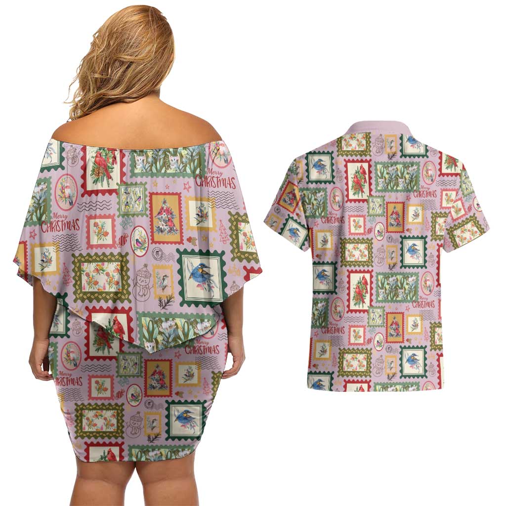 Aussie Birds Christmas La La Land Couples Matching Off Shoulder Short Dress and Hawaiian Shirt Pink Vintage Stamp Edition - Aussie Hoodie