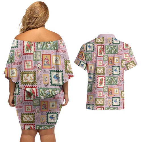 Aussie Birds Christmas La La Land Couples Matching Off Shoulder Short Dress and Hawaiian Shirt Pink Vintage Stamp Edition - Aussie Hoodie