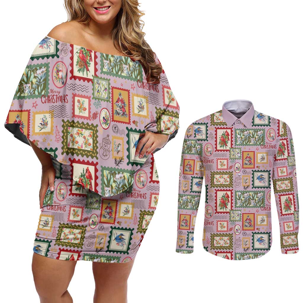 Aussie Birds Christmas La La Land Couples Matching Off Shoulder Short Dress and Long Sleeve Button Shirt Pink Vintage Stamp Edition - Aussie Hoodie