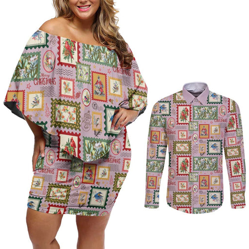 Aussie Birds Christmas La La Land Couples Matching Off Shoulder Short Dress and Long Sleeve Button Shirt Pink Vintage Stamp Edition - Aussie Hoodie