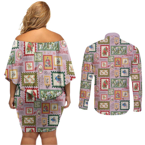Aussie Birds Christmas La La Land Couples Matching Off Shoulder Short Dress and Long Sleeve Button Shirt Pink Vintage Stamp Edition - Aussie Hoodie
