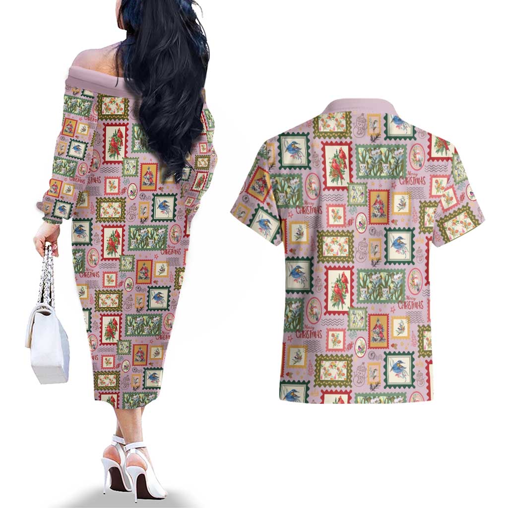 Aussie Birds Christmas La La Land Couples Matching Off The Shoulder Long Sleeve Dress and Hawaiian Shirt Pink Vintage Stamp Edition - Aussie Hoodie