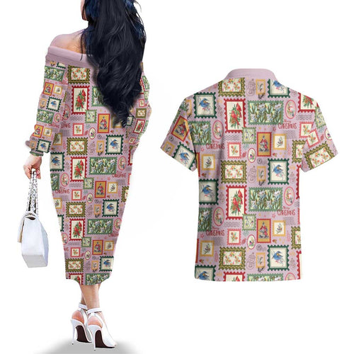 Aussie Birds Christmas La La Land Couples Matching Off The Shoulder Long Sleeve Dress and Hawaiian Shirt Pink Vintage Stamp Edition - Aussie Hoodie