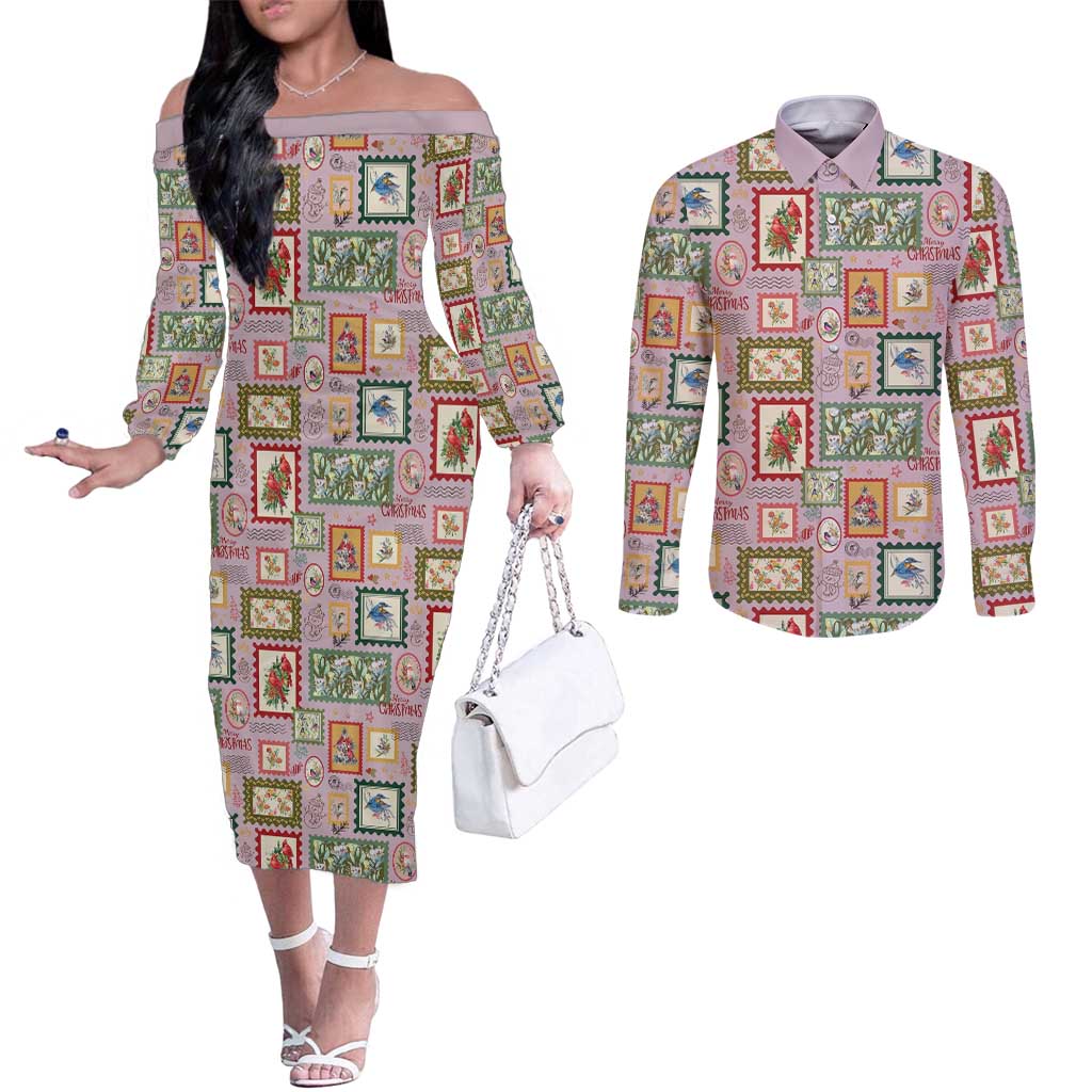 Aussie Birds Christmas La La Land Couples Matching Off The Shoulder Long Sleeve Dress and Long Sleeve Button Shirt Pink Vintage Stamp Edition - Aussie Hoodie