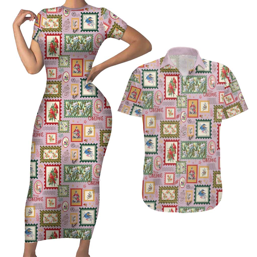 Aussie Birds Christmas La La Land Couples Matching Short Sleeve Bodycon Dress and Hawaiian Shirt Pink Vintage Stamp Edition - Aussie Hoodie