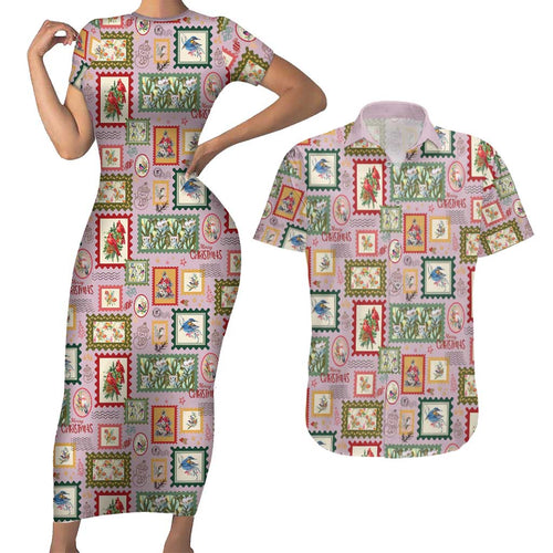 Aussie Birds Christmas La La Land Couples Matching Short Sleeve Bodycon Dress and Hawaiian Shirt Pink Vintage Stamp Edition - Aussie Hoodie