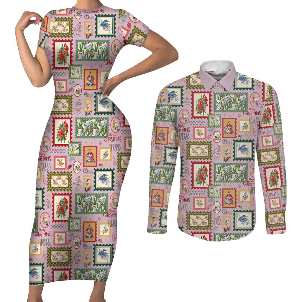 Aussie Birds Christmas La La Land Couples Matching Short Sleeve Bodycon Dress and Long Sleeve Button Shirt Pink Vintage Stamp Edition - Aussie Hoodie