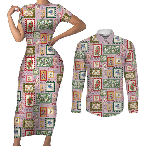 Aussie Birds Christmas La La Land Couples Matching Short Sleeve Bodycon Dress and Long Sleeve Button Shirt Pink Vintage Stamp Edition - Aussie Hoodie