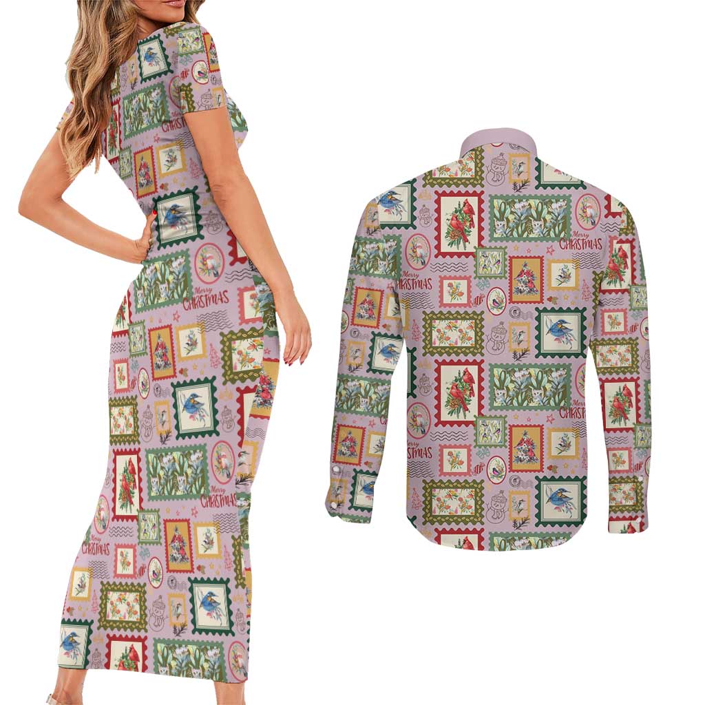 Aussie Birds Christmas La La Land Couples Matching Short Sleeve Bodycon Dress and Long Sleeve Button Shirt Pink Vintage Stamp Edition - Aussie Hoodie