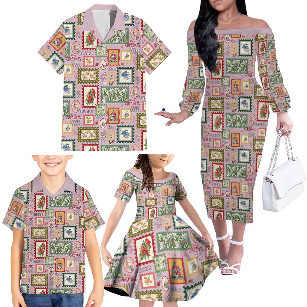 Aussie Birds Christmas La La Land Family Matching Off The Shoulder Long Sleeve Dress and Hawaiian Shirt Pink Vintage Stamp Edition - Aussie Hoodie