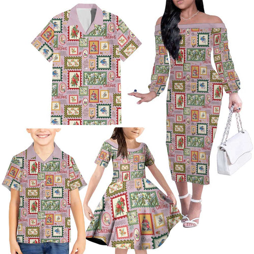 Aussie Birds Christmas La La Land Family Matching Off The Shoulder Long Sleeve Dress and Hawaiian Shirt Pink Vintage Stamp Edition - Aussie Hoodie
