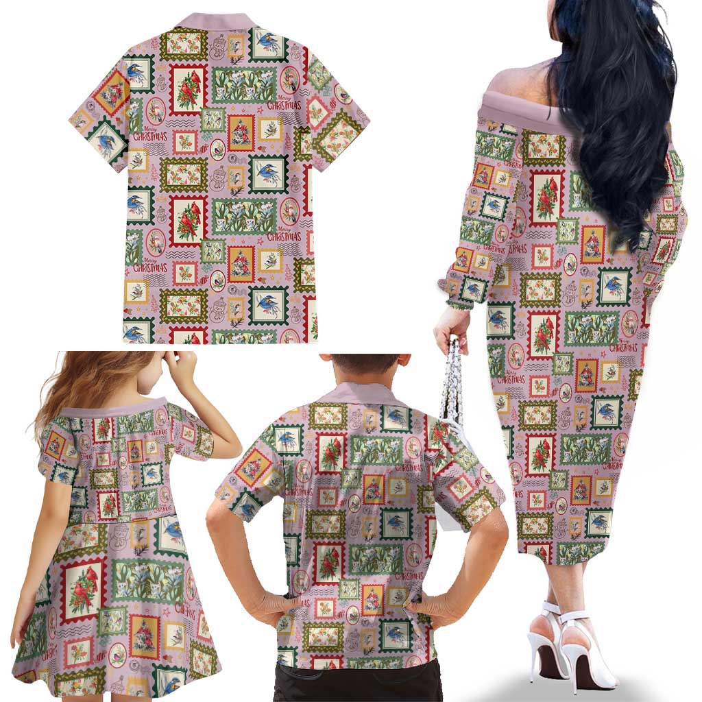 Aussie Birds Christmas La La Land Family Matching Off The Shoulder Long Sleeve Dress and Hawaiian Shirt Pink Vintage Stamp Edition - Aussie Hoodie