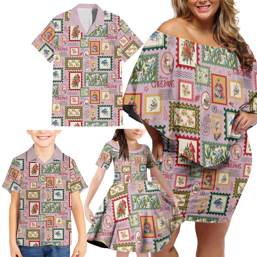Aussie Birds Christmas La La Land Family Matching Off Shoulder Short Dress and Hawaiian Shirt Pink Vintage Stamp Edition - Aussie Hoodie