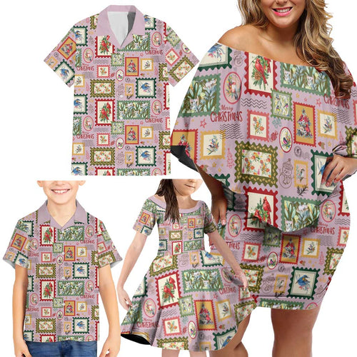Aussie Birds Christmas La La Land Family Matching Off Shoulder Short Dress and Hawaiian Shirt Pink Vintage Stamp Edition - Aussie Hoodie