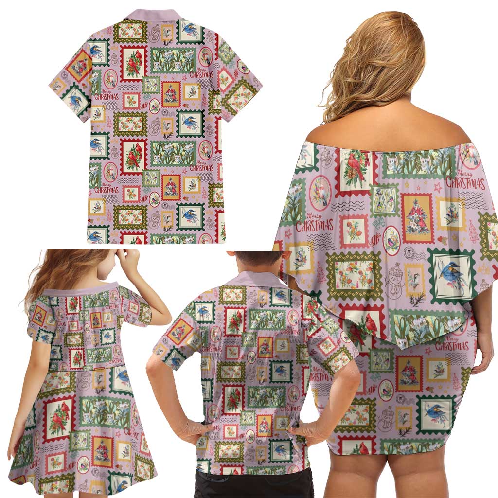 Aussie Birds Christmas La La Land Family Matching Off Shoulder Short Dress and Hawaiian Shirt Pink Vintage Stamp Edition - Aussie Hoodie