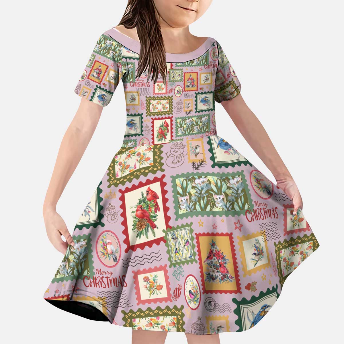 Aussie Birds Christmas La La Land Kid Short Sleeve Dress Pink Vintage Stamp Edition - Aussie Hoodie