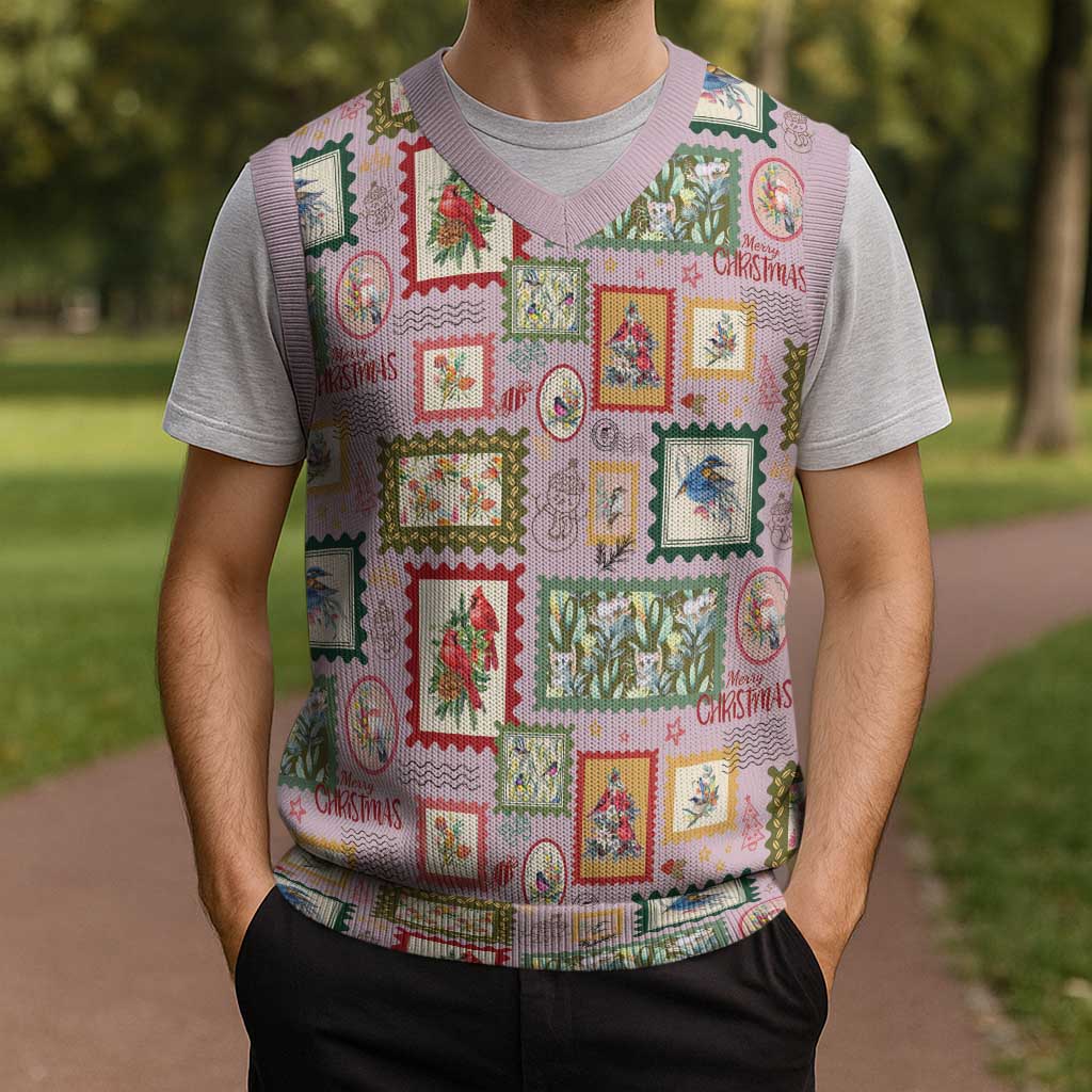 Aussie Birds Christmas La La Land Christmas Knitted V-Neck Vest Pink Vintage Stamp Edition - Aussie Hoodie