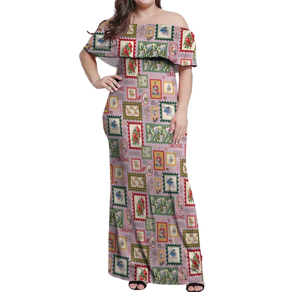 Aussie Birds Christmas La La Land Off Shoulder Maxi Dress Pink Vintage Stamp Edition - Aussie Hoodie