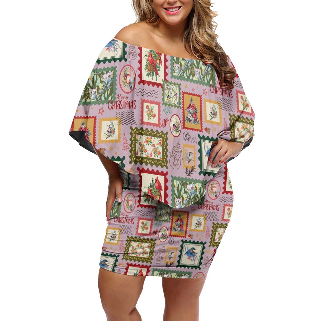 Aussie Birds Christmas La La Land Off Shoulder Short Dress Pink Vintage Stamp Edition - Aussie Hoodie