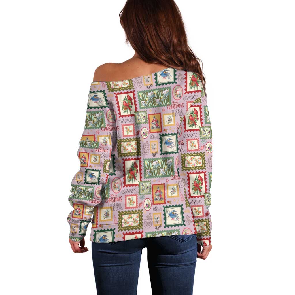 Aussie Birds Christmas La La Land Off Shoulder Sweater Pink Vintage Stamp Edition - Aussie Hoodie