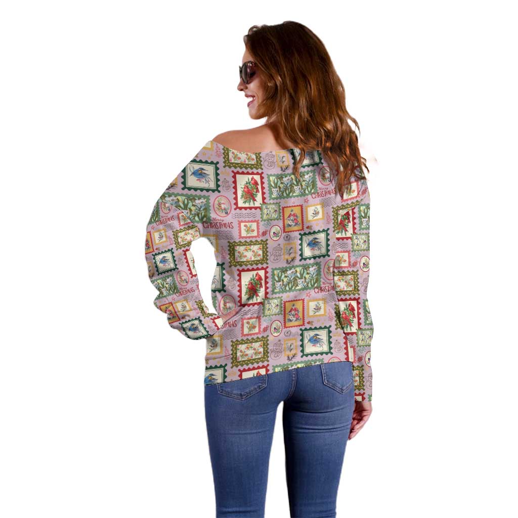 Aussie Birds Christmas La La Land Off Shoulder Sweater Pink Vintage Stamp Edition - Aussie Hoodie