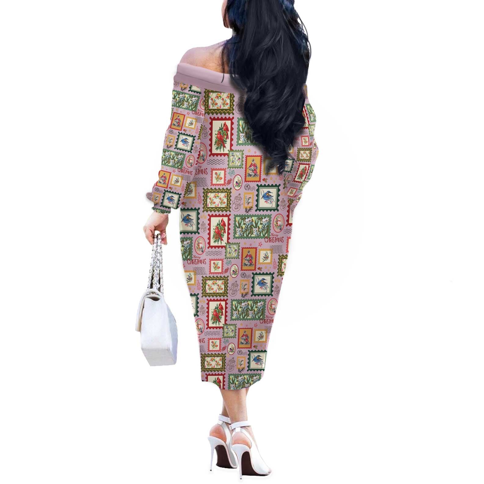 Aussie Birds Christmas La La Land Off The Shoulder Long Sleeve Dress Pink Vintage Stamp Edition - Aussie Hoodie