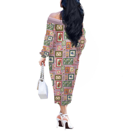 Aussie Birds Christmas La La Land Off The Shoulder Long Sleeve Dress Pink Vintage Stamp Edition - Aussie Hoodie