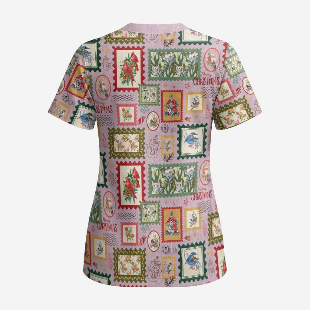 Aussie Birds Christmas La La Land Scrub Top Pink Vintage Stamp Edition - Aussie Hoodie