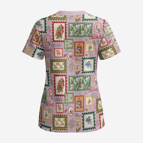 Aussie Birds Christmas La La Land Scrub Top Pink Vintage Stamp Edition - Aussie Hoodie