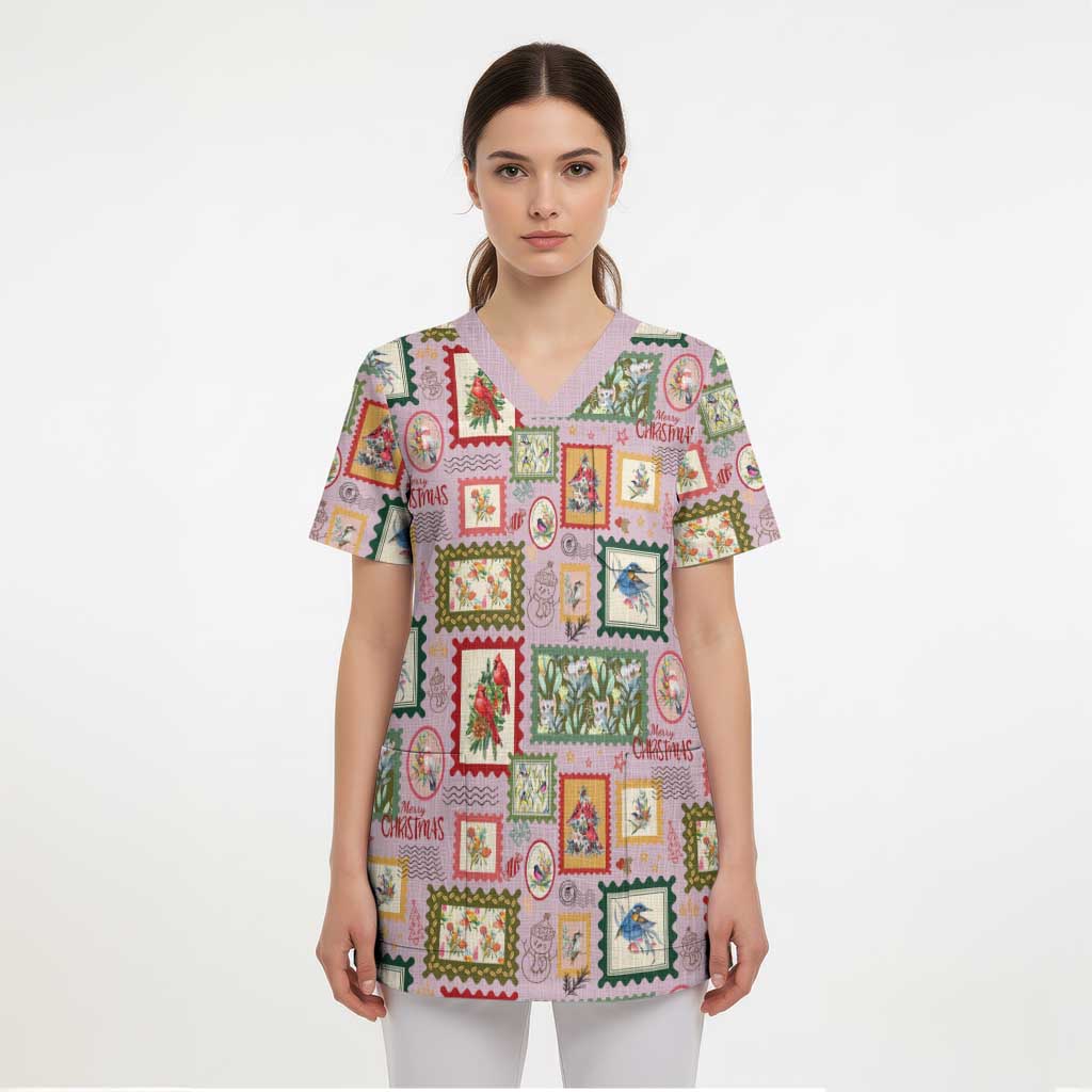 Aussie Birds Christmas La La Land Scrub Top Pink Vintage Stamp Edition - Aussie Hoodie