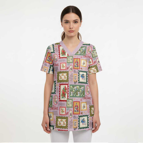 Aussie Birds Christmas La La Land Scrub Top Pink Vintage Stamp Edition - Aussie Hoodie