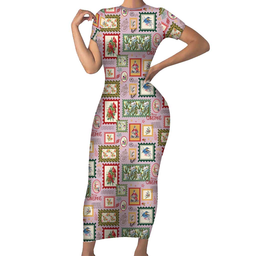 Aussie Birds Christmas La La Land Short Sleeve Bodycon Dress Pink Vintage Stamp Edition - Aussie Hoodie