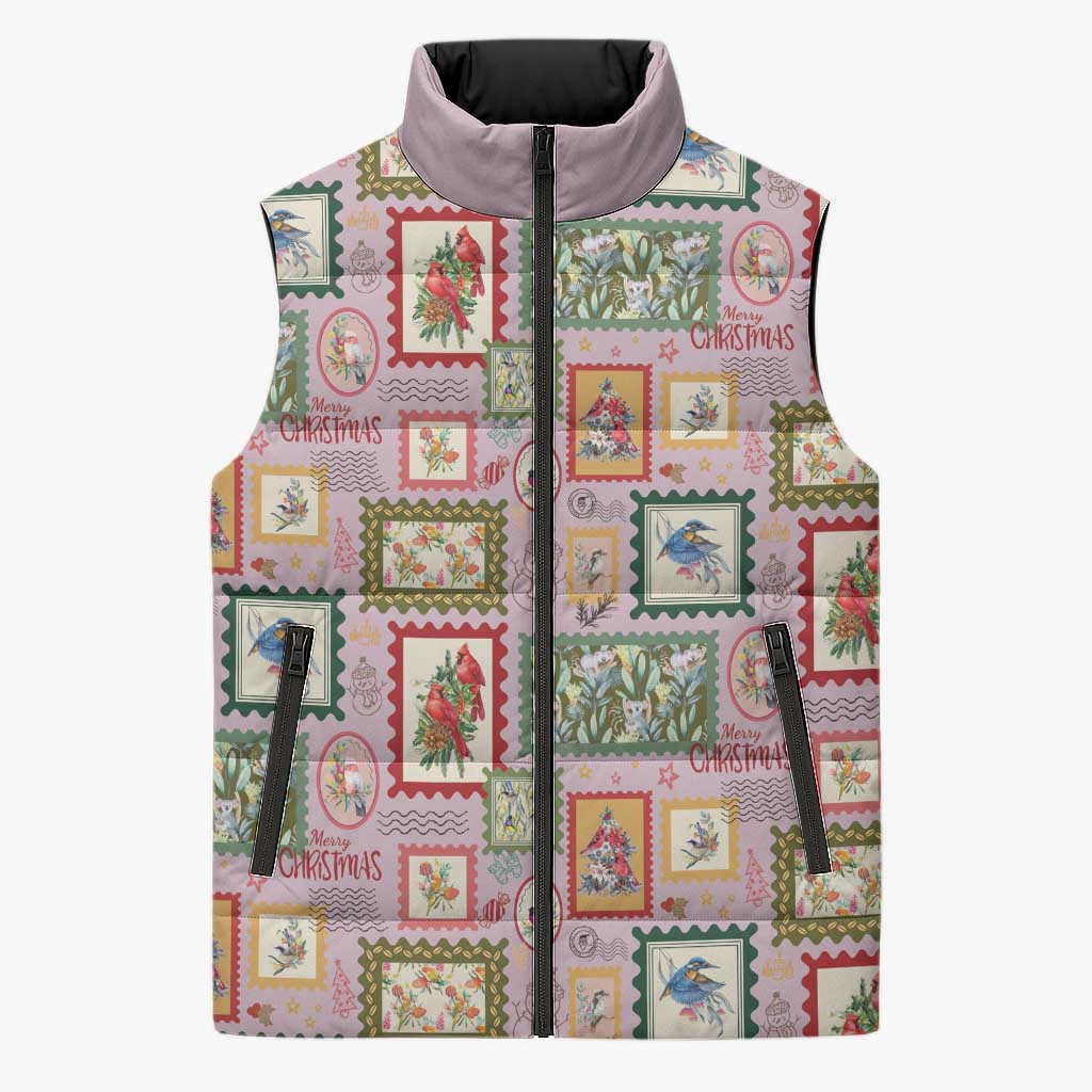 Aussie Birds Christmas La La Land Sleeveless Puffer Jacket Pink Vintage Stamp Edition - Aussie Hoodie