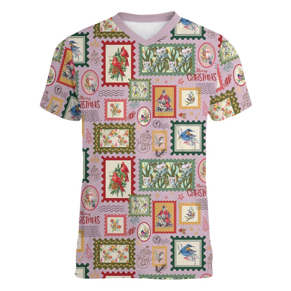 Aussie Birds Christmas La La Land Women V-Neck T-Shirt Pink Vintage Stamp Edition - Aussie Hoodie