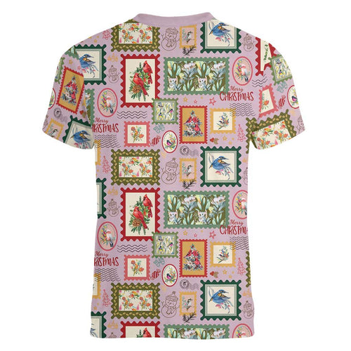 Aussie Birds Christmas La La Land Women V-Neck T-Shirt Pink Vintage Stamp Edition - Aussie Hoodie