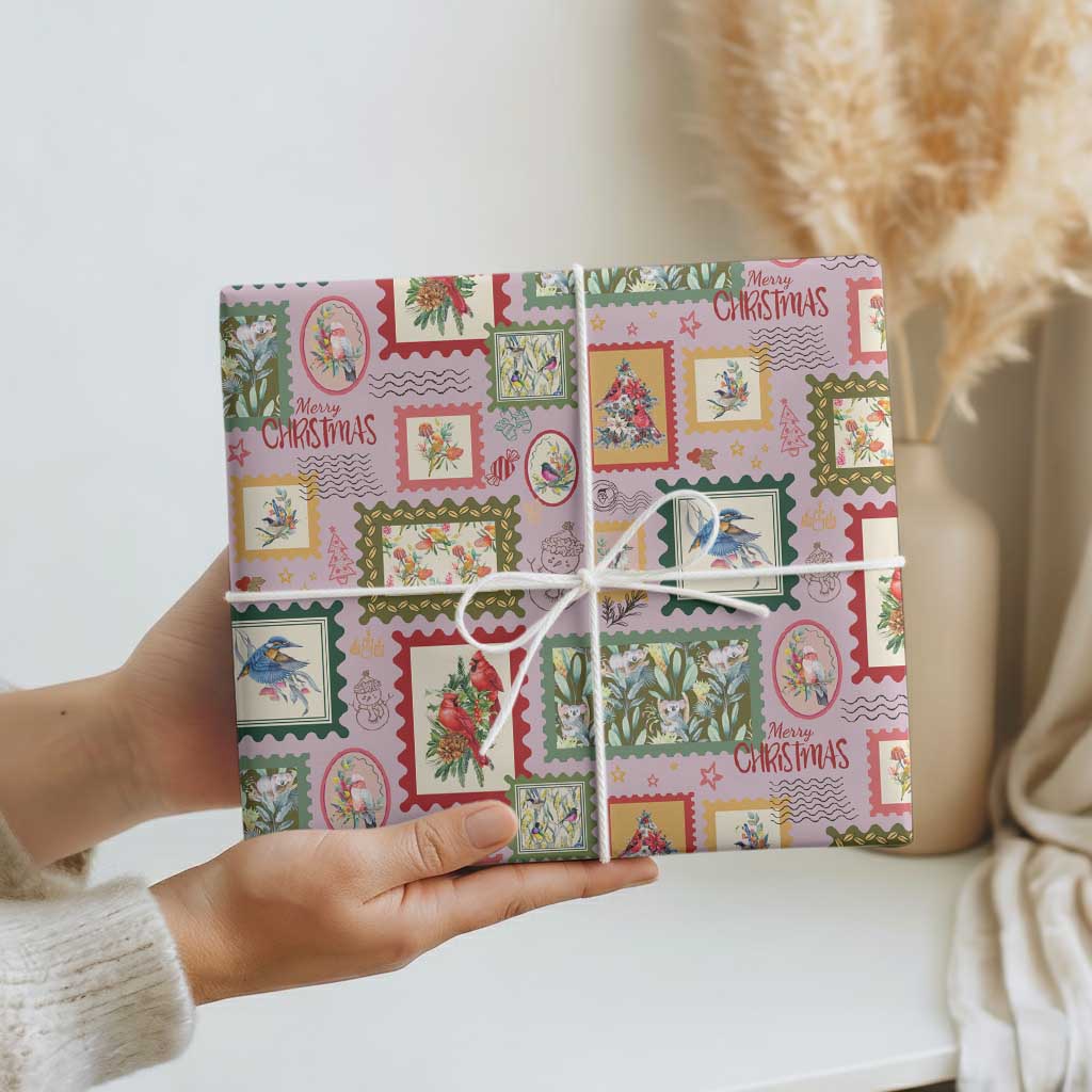 Aussie Birds Christmas La La Land Wrapping Paper Pink Vintage Stamp Edition - Aussie Hoodie