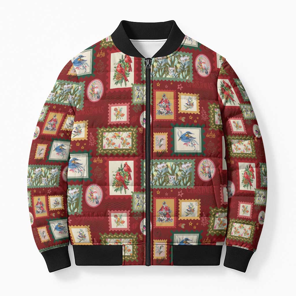 Aussie Birds Christmas La La Land Bomber Puffer Jacket Red Vintage Stamp Edition - Aussie Hoodie