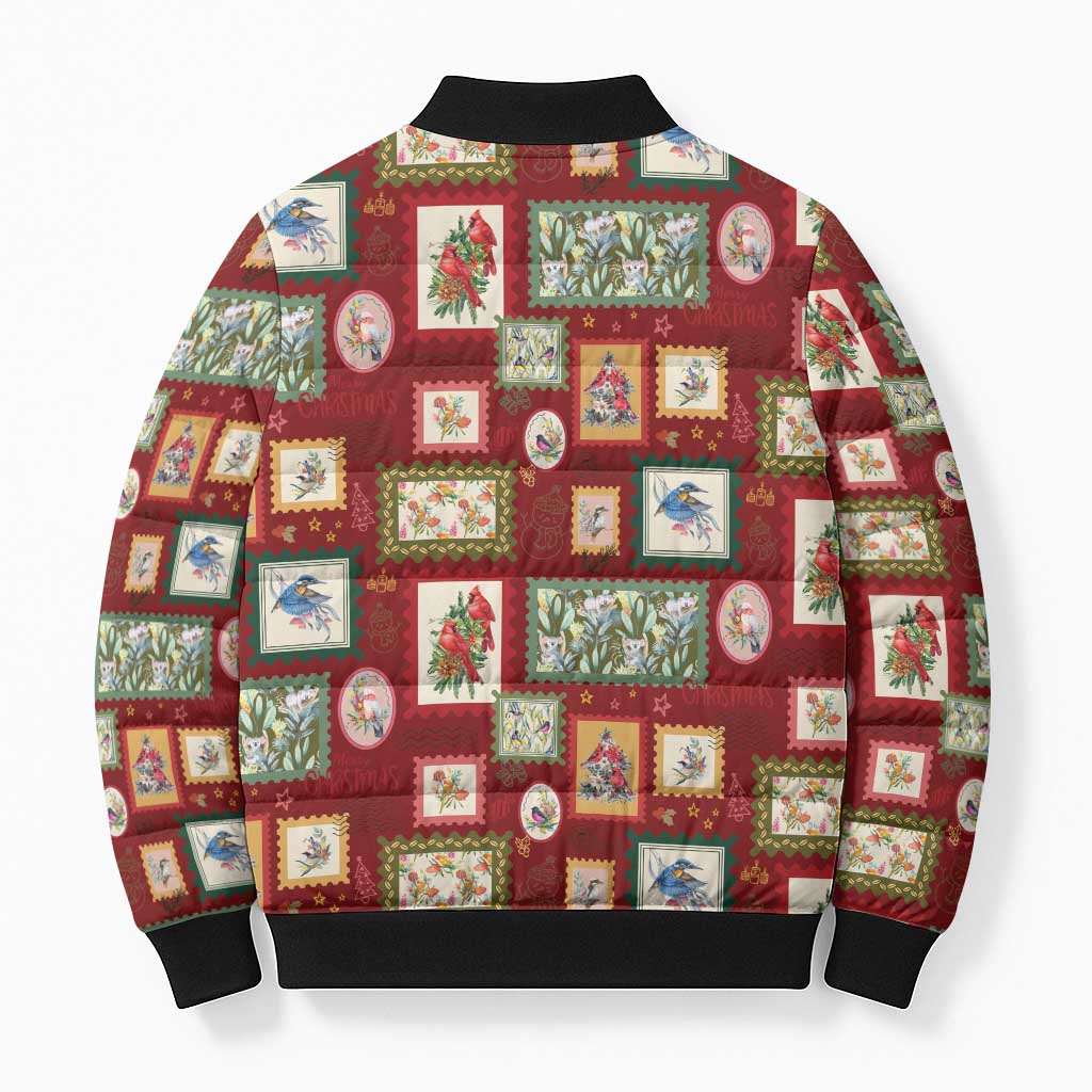 Aussie Birds Christmas La La Land Bomber Puffer Jacket Red Vintage Stamp Edition - Aussie Hoodie