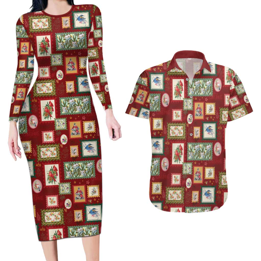 Aussie Birds Christmas La La Land Couples Matching Long Sleeve Bodycon Dress and Hawaiian Shirt Red Vintage Stamp Edition - Aussie Hoodie