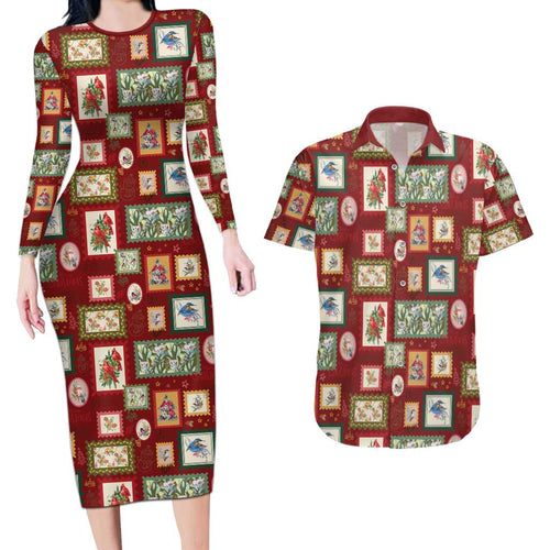Aussie Birds Christmas La La Land Couples Matching Long Sleeve Bodycon Dress and Hawaiian Shirt Red Vintage Stamp Edition - Aussie Hoodie